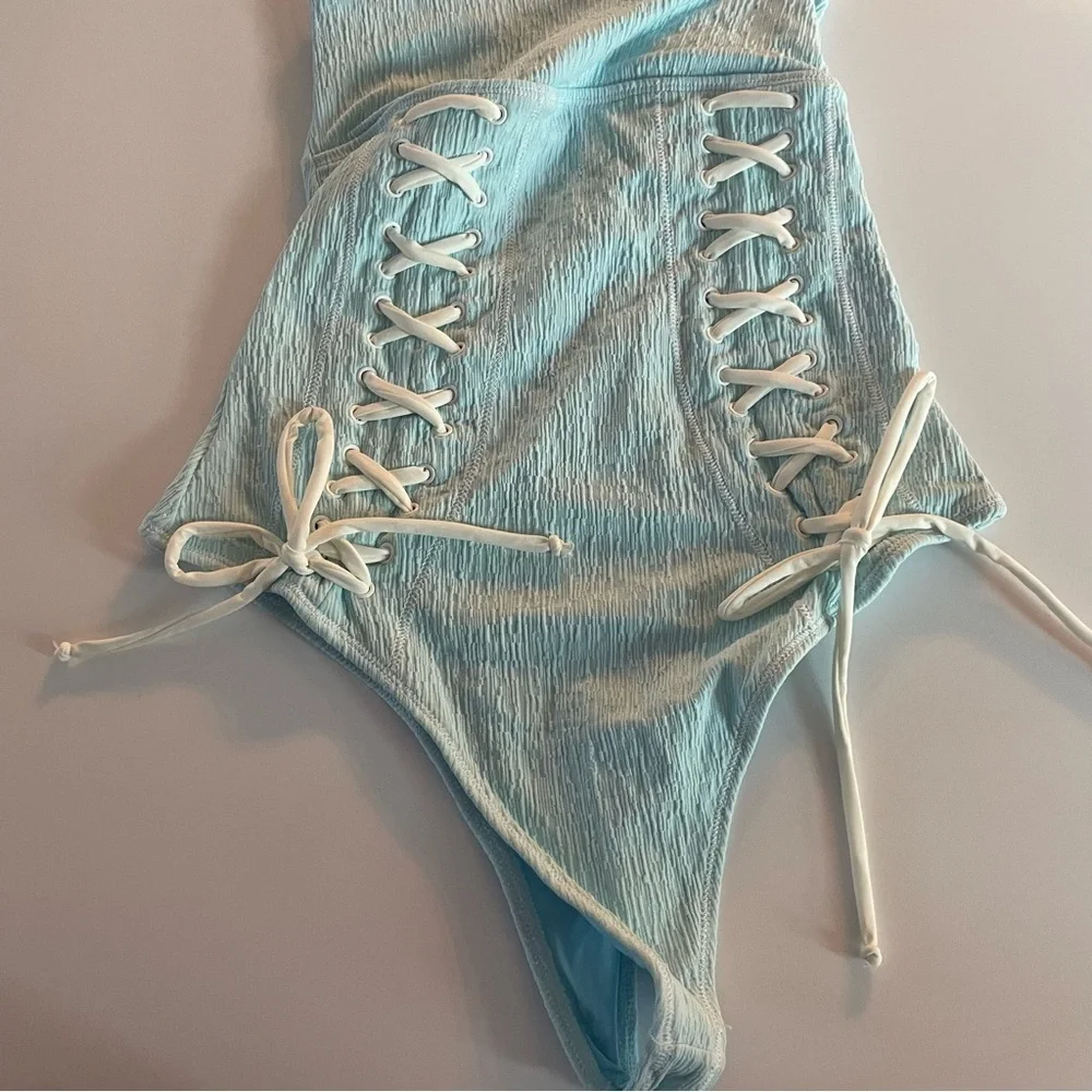 New! Frankie’s Bikinis Kylee lace-up one piece swimsuit blue 22752